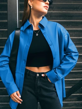 Mnealways18 Moda Faux Deri Kadın Ceket Turn Down Yaka Boy Pu Sonbahar Kış Uzun Kollu Yüksek Sokak Klas Üst