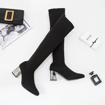Moda Modern Çizmeler Kadın Diz Yüksek 2022 Yeni Bahar Sonbahar De Mujer Çorap Çizmeler Streç Kumaş Kadın Yüksek Topuk Ayakkabı Bayanlar