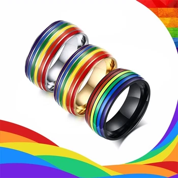 Moda Titanyum Çelik Gökkuşağı Bayrağı Yüzük Lezbiyen Lezbiyen LGBT Paslanmaz Çelik Yüzük Alyans Dostluk Takı Hediye