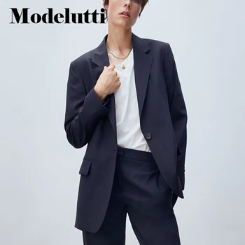 Modelutti 2022 Yeni İngiltere Kadınlar Şık Ofis Bayan Blazer Vintage Ceket Moda Çentikli Yaka Uzun Kollu Giyim Şık Üstleri