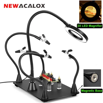 NEWACALOX Eller Üçüncü El Lehimleme İstasyonu PCB Tutucu 4 Esnek Manyetik Kolları ile 3X LED Büyüteç Kaynak Aracı