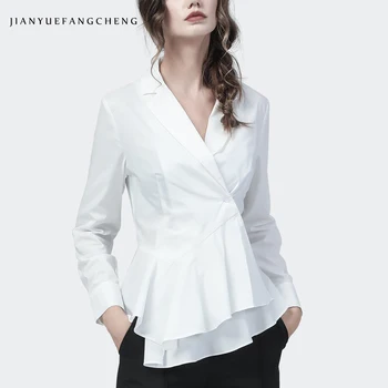 Ofis Bayan Takım Elbise Yaka Beyaz Pamuklu Gömlek Uzun Kollu Tek Düğmeli Tunik Üstleri 2021 Sonbahar Yeni Zarif İnce Düzensiz Bluz