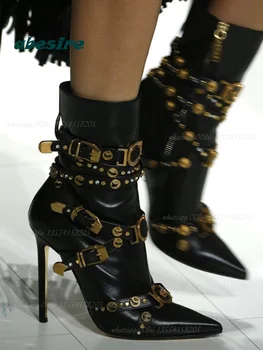 Perçin Gladyatör Kemer Tokası Çizmeler Sivri Burun Stiletto Topuklu Orta Buzağı Çizmeler Kış Lüks 2022 Yeni Tasarımcı seksi ayakkabılar Parti