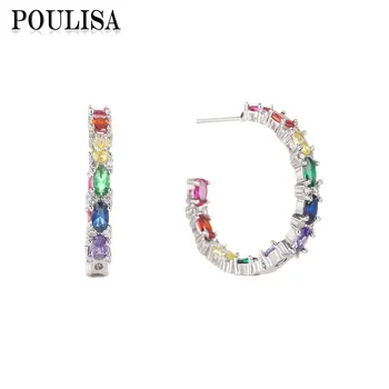 Poulisa Lüks Renkli Taş Oval Kübik Zirkon Hoop Küpe Kadınlar için Noel Hediyeleri Kulak Piercing Moda Aksesuarları