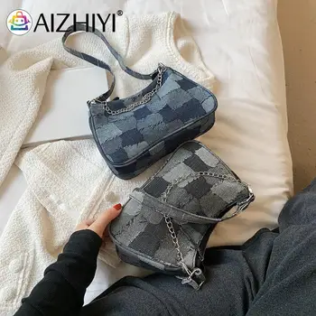 Rahat saf renk zincir çanta çanta kadın Denim kontrast renk ızgara koltukaltı çanta moda zincir omuz çantaları