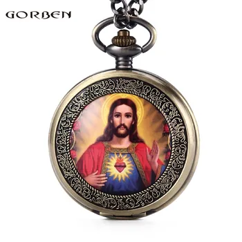Retro tanrı'nın Oğlu İsa Portre cep saati Erkek Kalp Ve Çapraz Klasik Dini Hıristiyan Katoliklik İnanç Saatler Hediye Seti