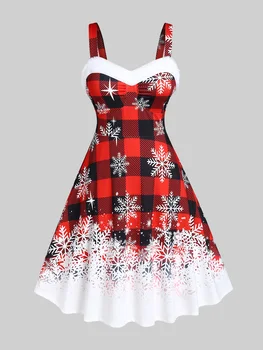 ROSEGAL Noel Ekose Kar Tanesi Baskı Elbiseler 5XL Bayanlar Seksi Sapanlar İmparatorluğu Bel Kolsuz Noel evaze elbise Midi Vestidos