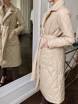 Simplee Uzun düz kış ceket eşkenar dörtgen desen Rahat sashes kadın parkas Derin cepler özel yaka şık giyim