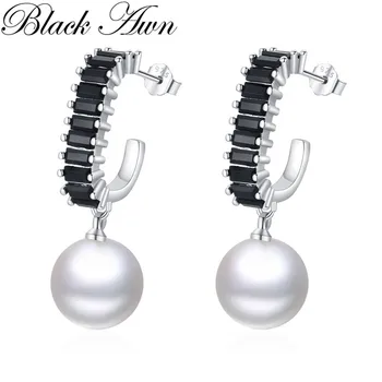 Siyah Awn Yuvarlak İnci Hoop Küpe Kadınlar için Klasik Gümüş Renk Moda Spinel Nişan moda takı I250