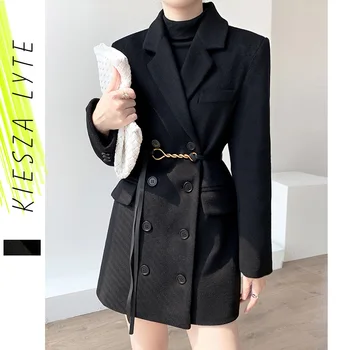 Siyah Takım Elbise Yün Ceket kadın Midi Uzunluğu Kış Kalın Yün Belli Yün Takım Elbise Bayanlar Dış Giyim