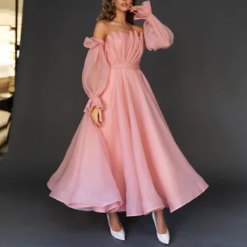 SKMY İçin 2021 Yeni Yaz Elbiseler kadınlar İçin açık omuzlu Straplez Uzun Kollu Pembe Düz Renk İnce A-Line Parti uzun elbise