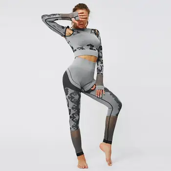 Spor Spor Dikişsiz Set Takım Elbise Kamuflaj egzersiz kıyafetleri Spor Kadın Tayt Uzun kollu eşofman seksi iki parçalı set