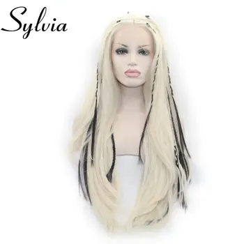 Sylvia 613 # Renk Doğal Düz Peruk Sarışın Sentetik Dantel ön peruk Örgü ısıya dayanıklı iplik Saç Kadınlar İçin