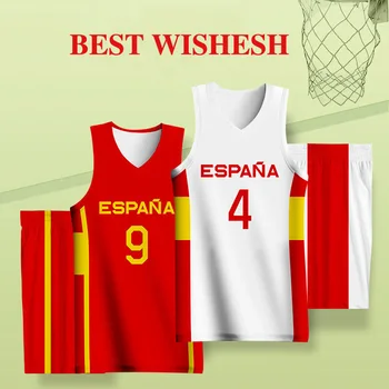 Tam Süblimasyon Basketbol Setleri Çocuklar İçin İspanya Mektup Ekran Baskılı Özelleştirilebilir Adı Numarası Logo Formaları Şort Üniforma