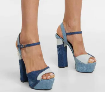 UVRCOS Peep Toe platform sandaletler Yaz Seksi Karışık Denim Mavi Tıknaz Topuklu Kadın Pompaları Ayak Bileği Kayışı Yüksek Topuk Ayakkabı