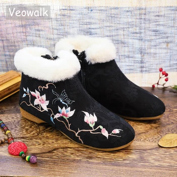 Veowalk Vintage Çiçek Işlemeli Kadın Tuval Düz yarım çizmeler Kadın Rahat Kış Siyah Çizmeler Kürk Büyük Boy Ayakkabı