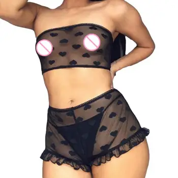 Women Erotic See Through Heart Print Underwear Set Tube top half printing Micro Shorts комплект нижнего белья