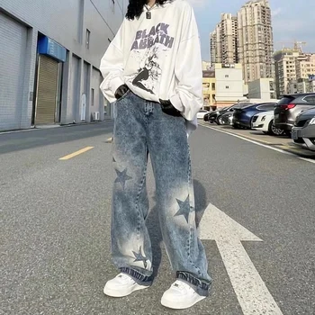 Y2K Emo Kadın Streetwear Boy Yıldız Desen Düz Pantolon Baggy Kot Peri Grunge Hip Hop Alt Kot Pantolon Erkek Giysileri