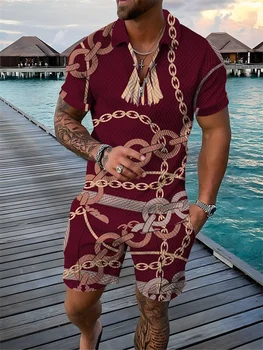Yaz erkek Eşofman Moda Kısa Kollu POLO GÖMLEK Seti Lüks Zincir Baskı Giyim 2 Parça Rahat Kıyafet Takım Elbise Streetwear