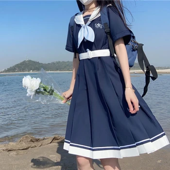 Yaz kadın Lolita Elbise Kawaii Denizci Yaka Midi Elbise Kız Japon Harajuku Öğrenciler Tiki Tarzı Giyim 2022