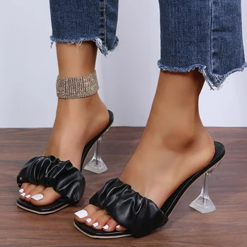 Yeni Yaz Kadın yüksek topuklu ayakkabı Seksi Pleats Kişilik Kelime Kemer Beyaz Siyah Peep Toe Topuklu Artı Boyutu Kadın Ayakkabı
