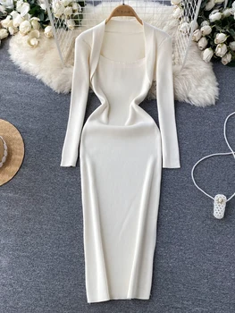 YuooMuoo Zarif Beyaz Kadın Elbise Vintage Kare Yaka Örme Bodycon uzun elbise Şık Bayanlar Dış Giyim Sonbahar Kış