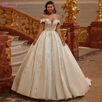 Zarif Aplikler Boncuk Sevgiliye Boyun A-Line düğün elbisesi 2023 Seksi Kapalı Omuz Lace Up Saten Prenses gelinlik