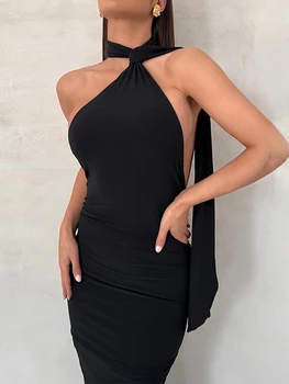 Zarif Backless Parti Elbise Kadınlar için Yaz Seksi Halter Boyun Bodycon Maxi Elbise 2023 Akşam Kulübü uzun elbise Siyah Vestido