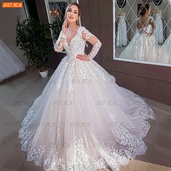Zarif Uzun Kollu düğün elbisesi 2022 Robe De Mariée Fildişi Balo V Boyun Vestidos De Novia Beyaz Aplike gelin elbiseleri