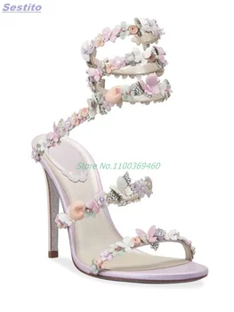 Çiçekler Yılan Wrap Kristal Sandalet Slaytlar Açık Stiletto Yüksek Topuk Bling Düz Renk Elbise Kadın Düğün Ayakkabı Avrupa Yaz