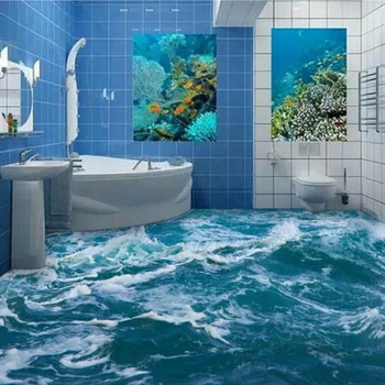 Özel 3D Zemin Duvar Kağıdı Deniz Suyu Dalga Banyo 3D Zemin Duvar PVC Su Geçirmez Kendinden yapışkanlı Vinil Duvar Kağıdı Ev dekor