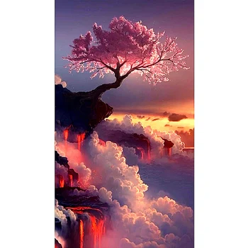 5D Kare Yuvarlak Diy Elmas Boyama Günbatımı Ağacı Nakış Çapraz Dikiş Taklidi Mozaik Japon Kiraz Çiçeği Görünüm ZP-2707